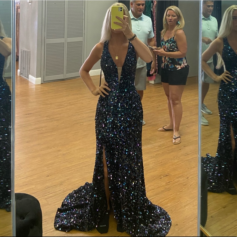 Black iridescent sequin prom dress